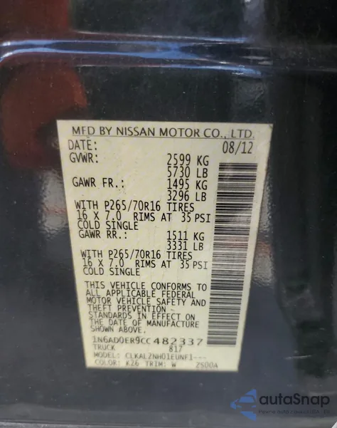 2012 Nissan Frontier S from USA, damaged, VIN 1N6AD0ER9CC482337